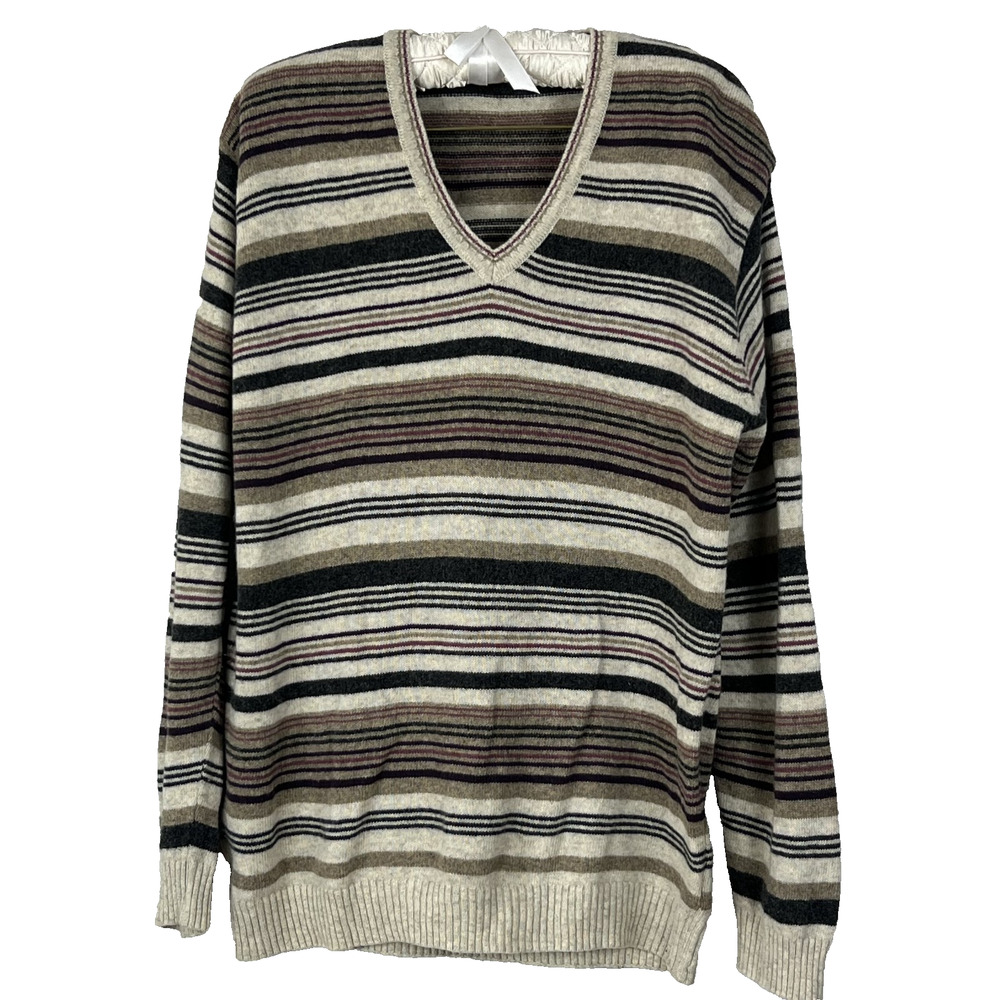 Amber Sweater Women's Size 2XL Brown Striped V-Neck Australian Lambswool